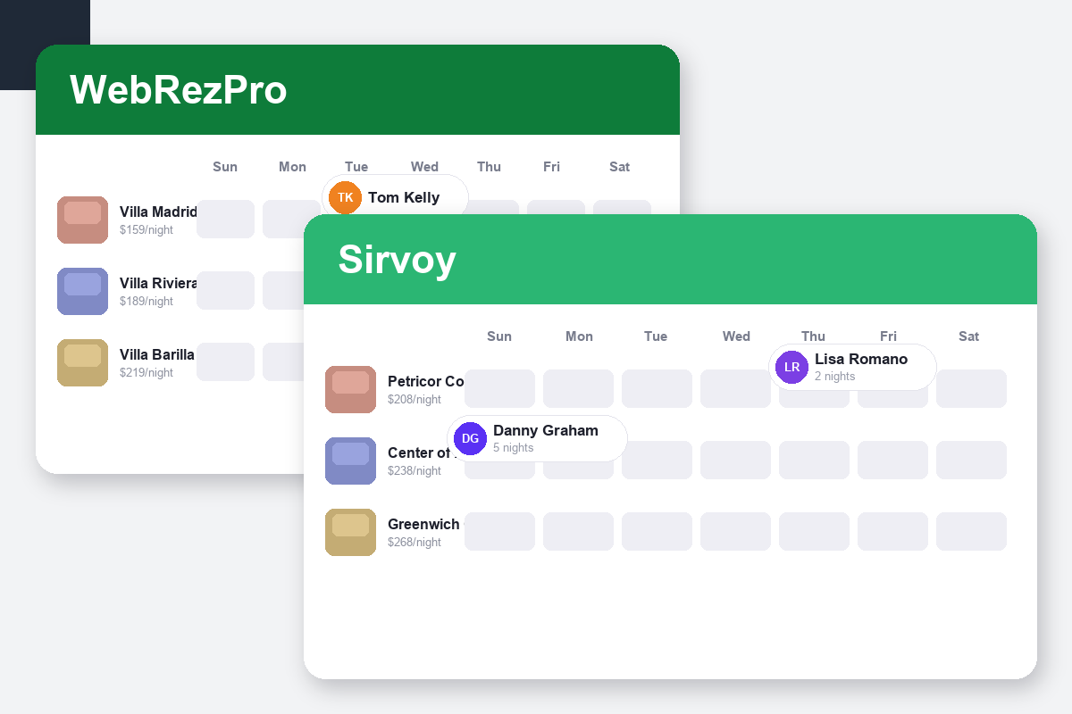 WebRezPro vs Sirvoy Comparison dashboard screenshots