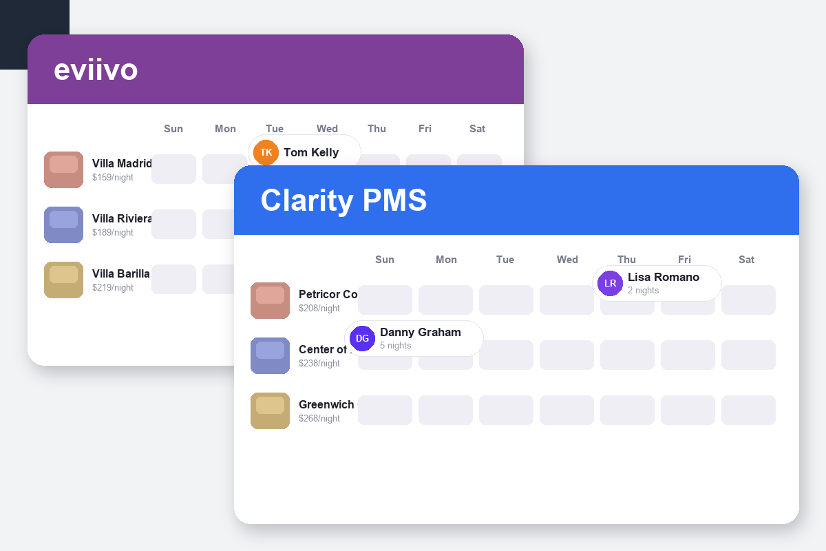 eviivo vs Clarity PMS Comparison dashboard screenshots