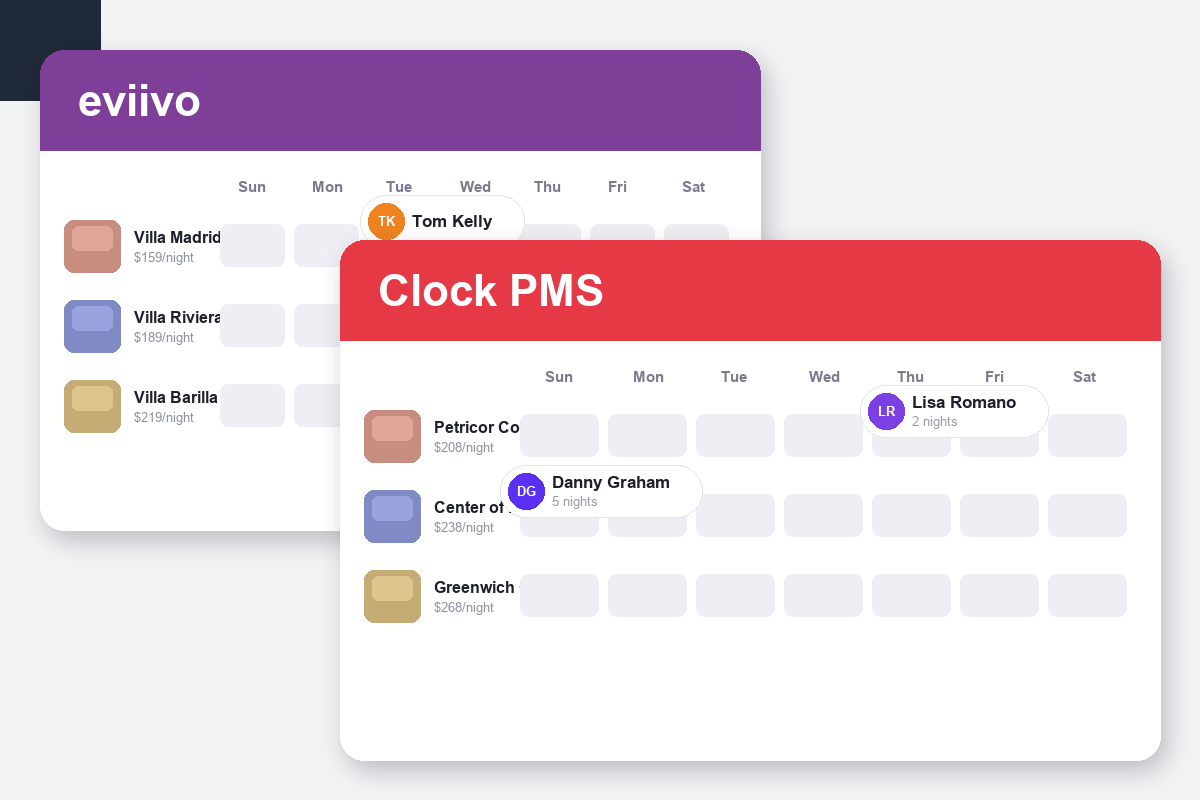 eviivo vs Clock PMS+ Comparison dashboard screenshots
