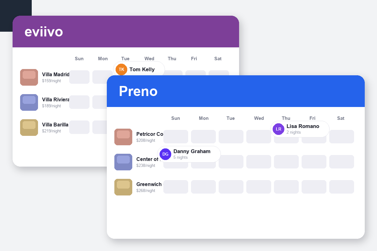 eviivo vs Preno Comparison dashboard screenshots