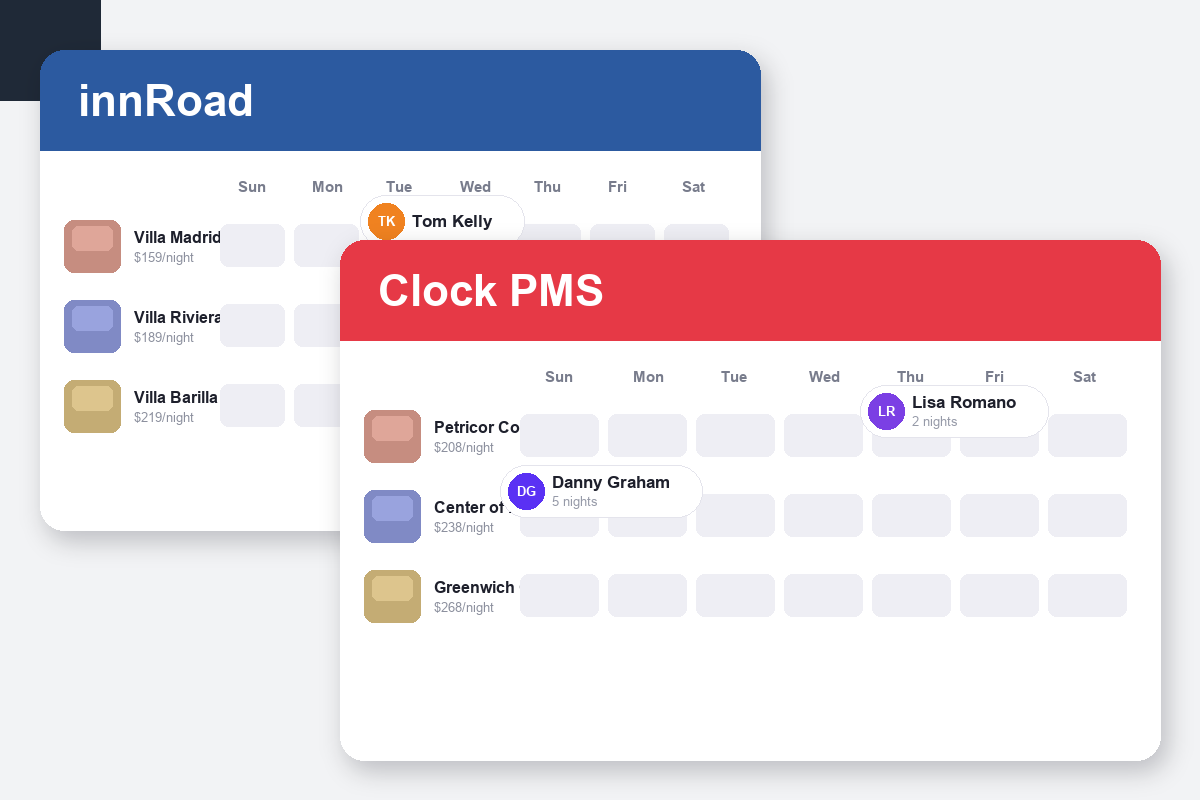 innRoad vs Clock PMS+ Comparison dashboard screenshots