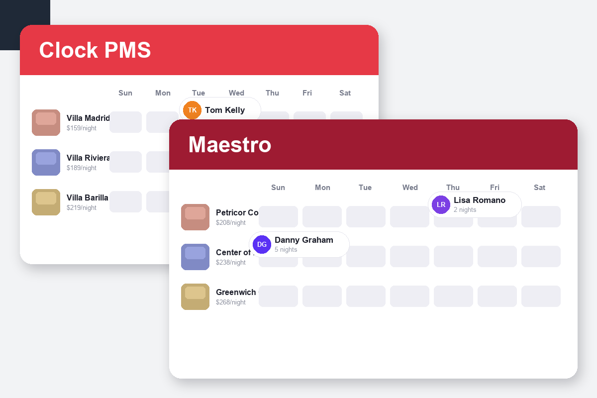 Clock PMS+ vs Maestro PMS Comparison dashboard screenshots