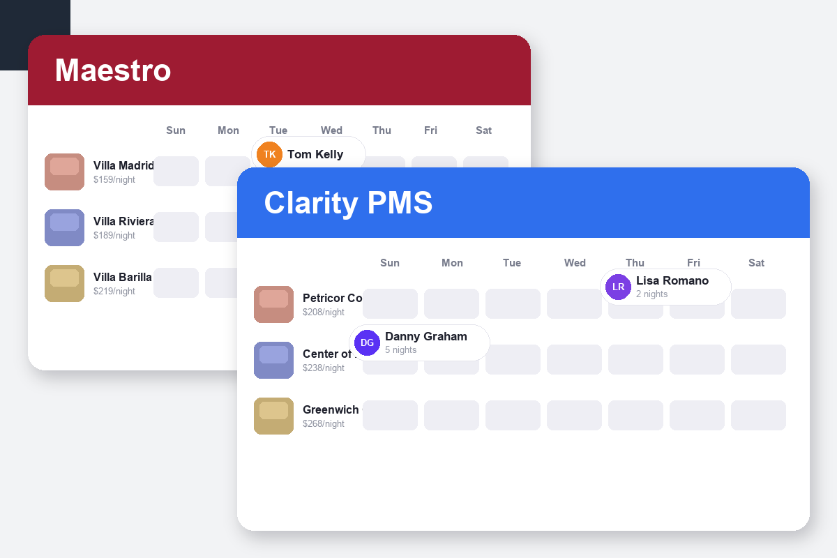 Maestro PMS vs Clarity PMS Comparison dashboard screenshots