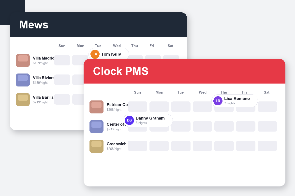 Mews vs Clock PMS+ Comparison dashboard screenshots