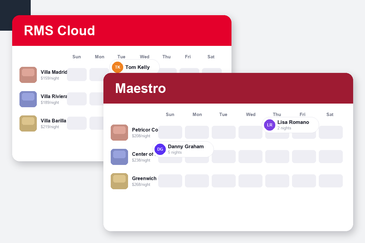 RMS Cloud vs Maestro PMS Comparison dashboard screenshots