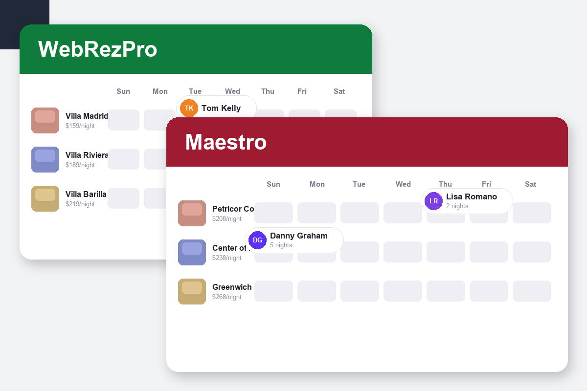 WebRezPro vs Maestro PMS Comparison dashboard screenshots