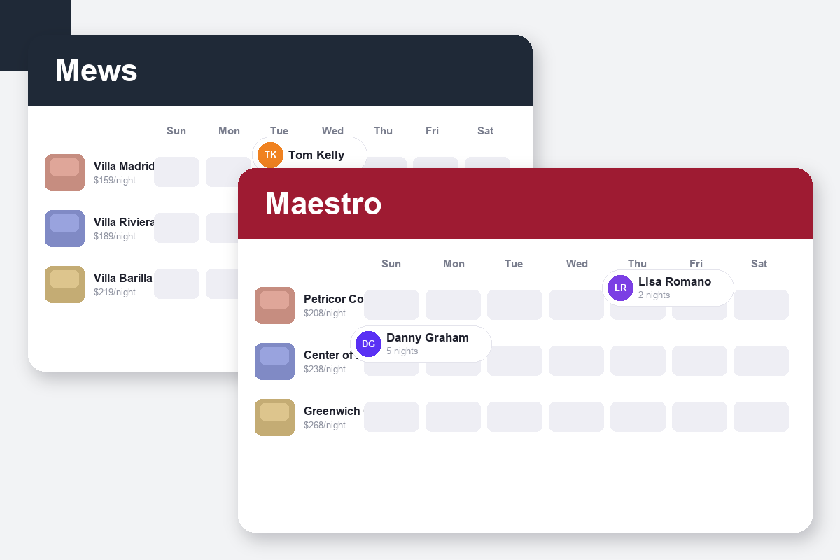 Mews vs Maestro PMS Comparison dashboard screenshots