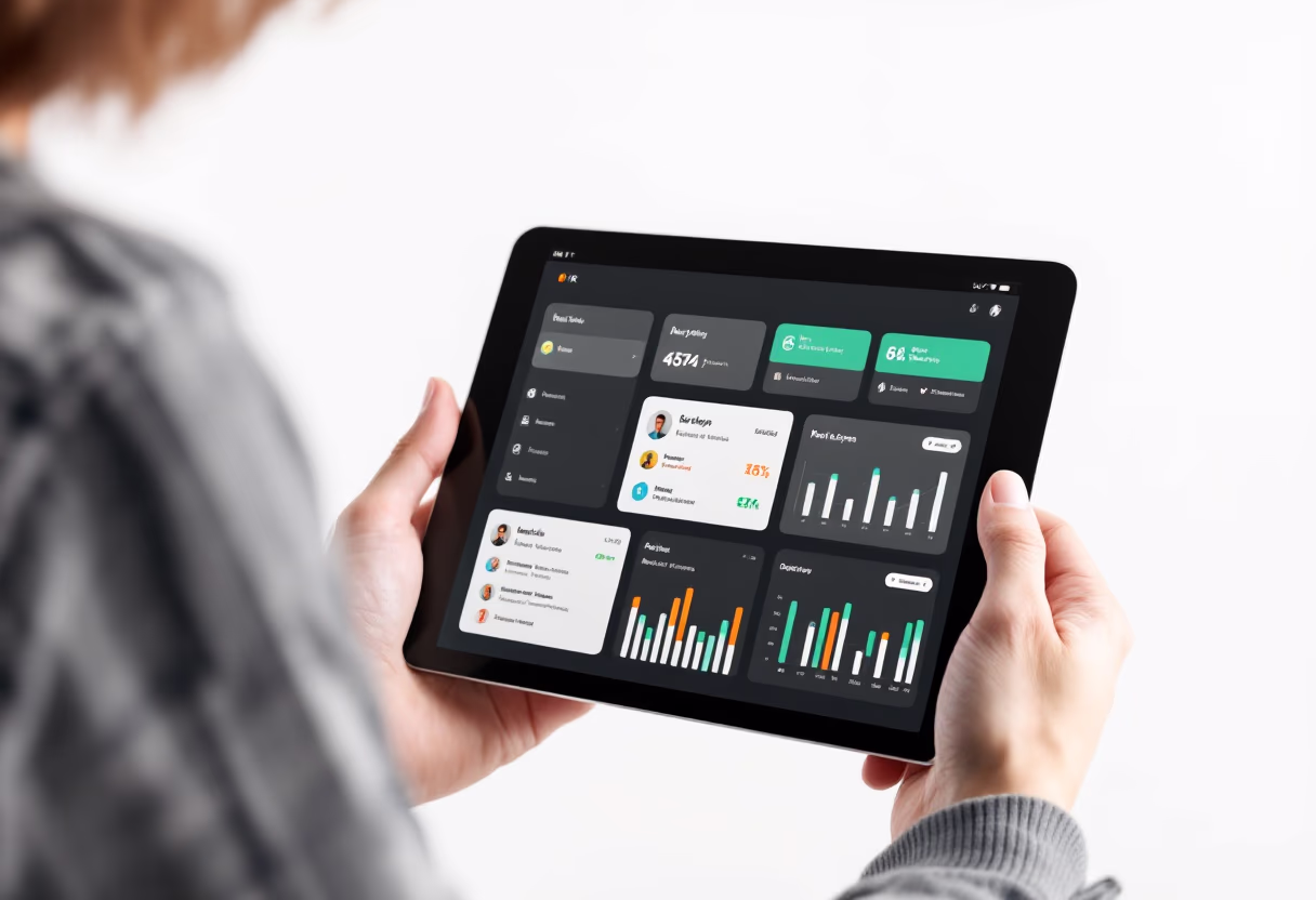A female professional looking at her tablet screen showing a detailed dashboard of business data in a brightly lit room.