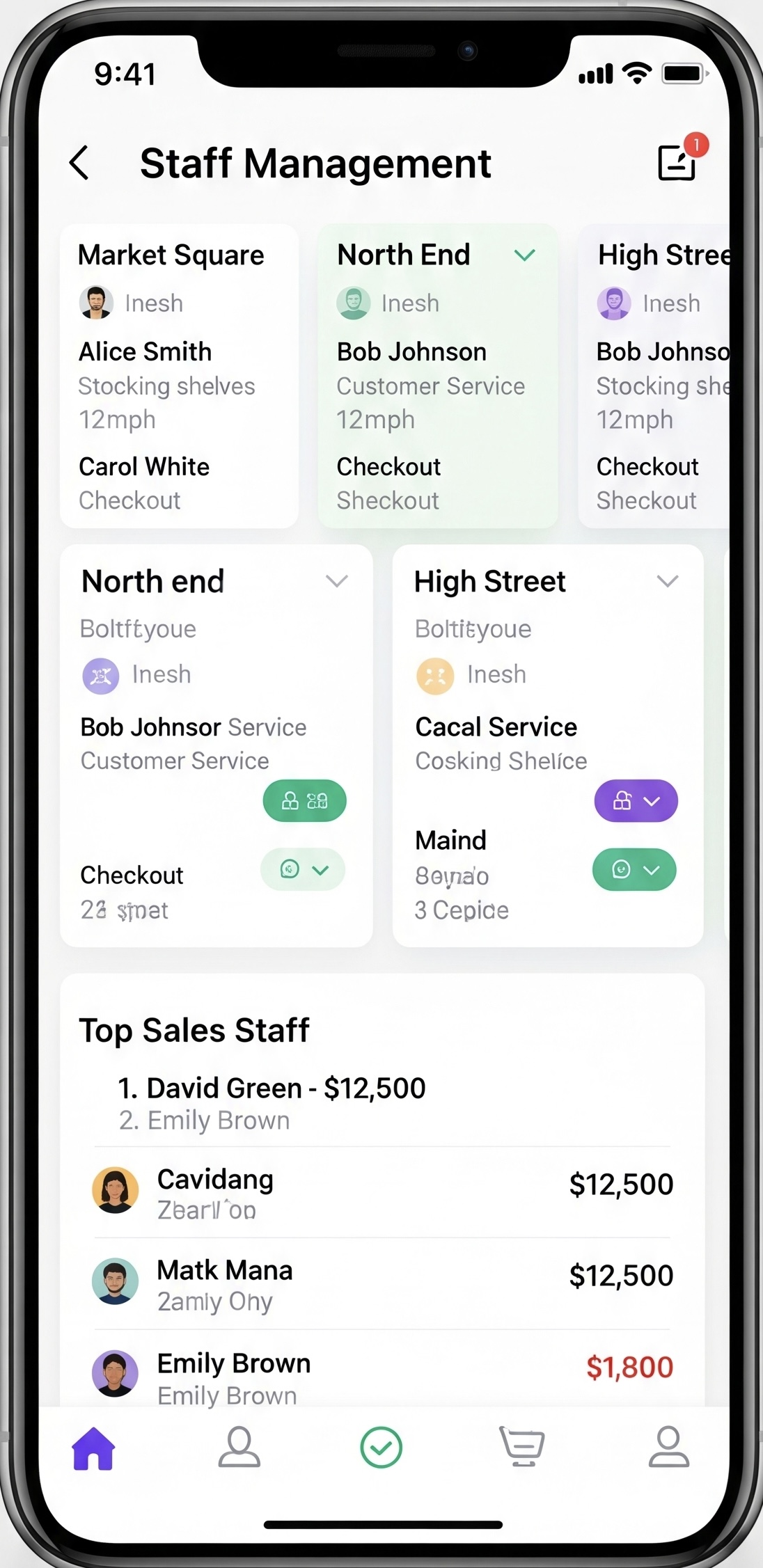 Mobile screenshot of a staff management app showing multiple store locations with employee names, profile icons, roles, and task speeds in mph. Sections are color-coded (purple, green, orange) for Market Square, North End, and High Street. Lower half displays a top sales leaderboard with staff avatars, names, sales amounts in dollars, and rankings, on a clean white iPhone interface.