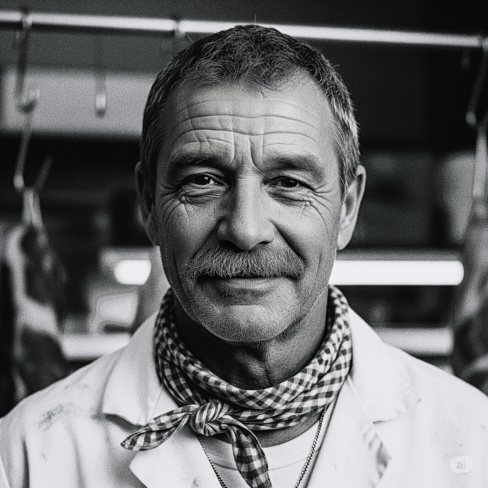 A characterful black and white headshot of an experienced local butcher. His warm expression and traditional attire, including a checkered neckerchief, convey expertise and a passion for quality meats.
