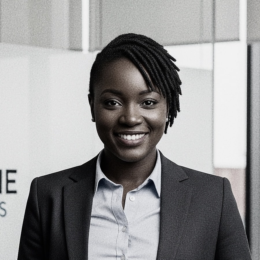 A professional portrait of a female business leader or team member. Her confident smile and smart attire make this an ideal image for a company website, conveying expertise and approachability.
