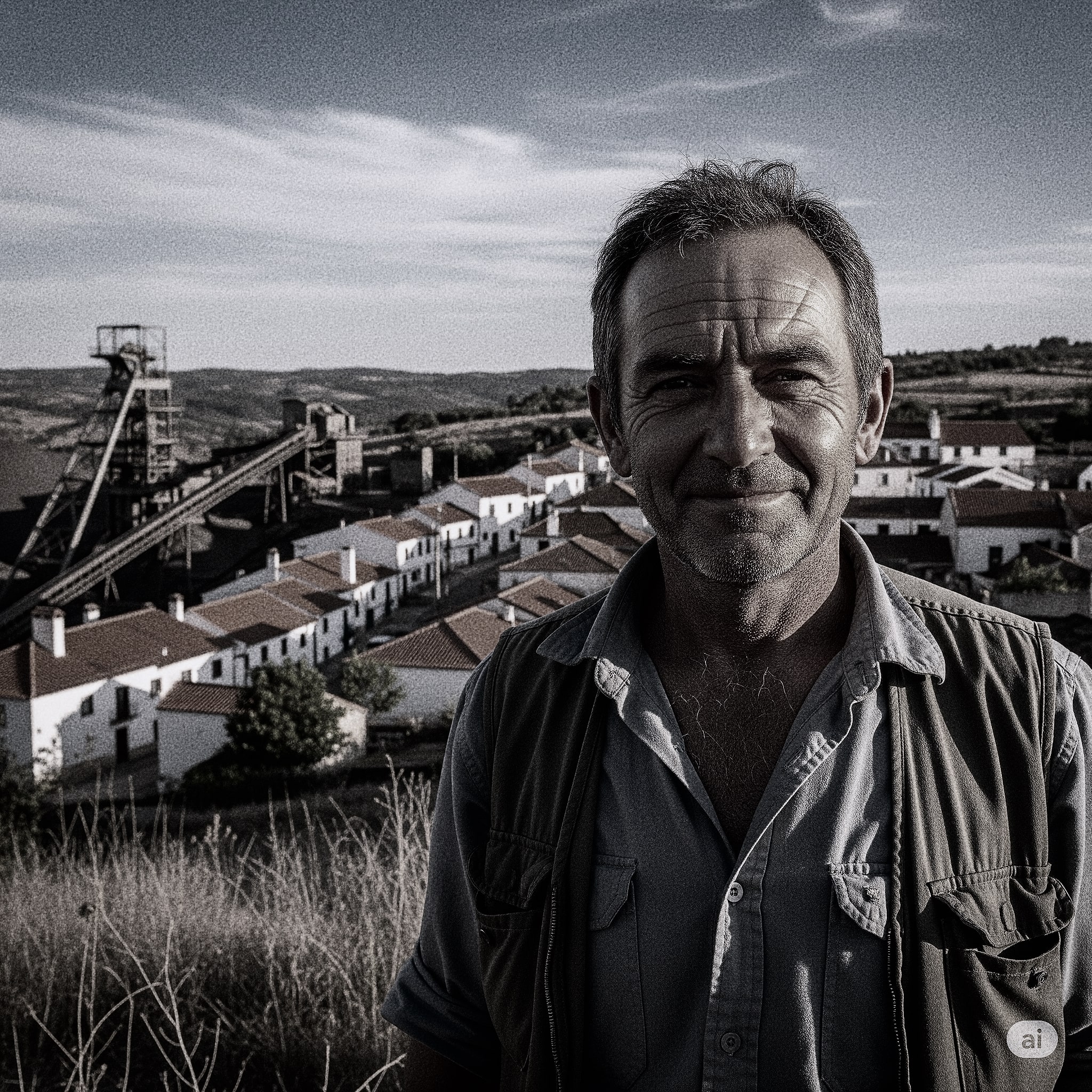A black and white portrait of a man standing on a hill overlooking a historic mining town in the background.