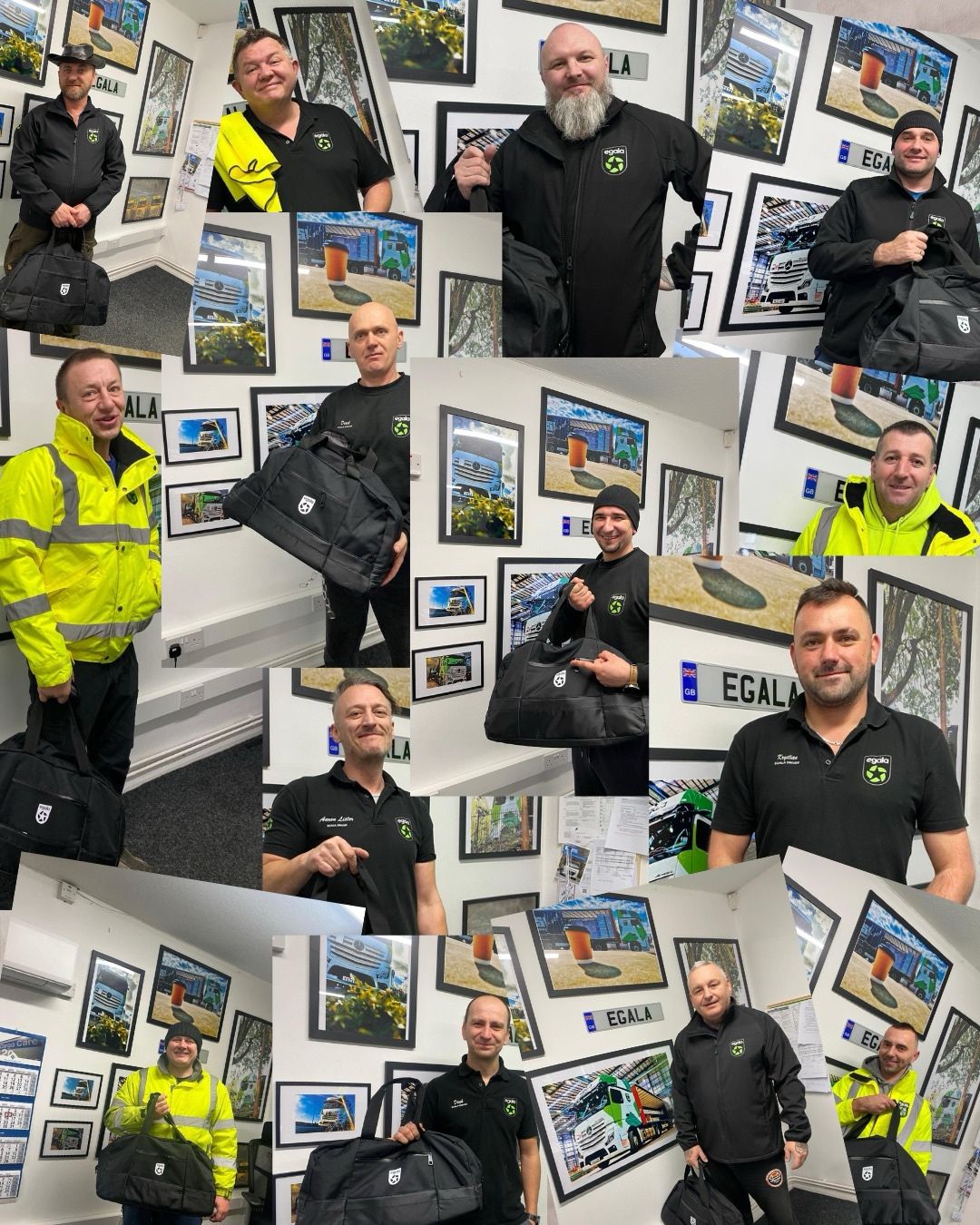 Egala by Boekestijn truck drivers at the office holding company gear bags — showcasing team spirit, professionalism, and pride in European trucking.