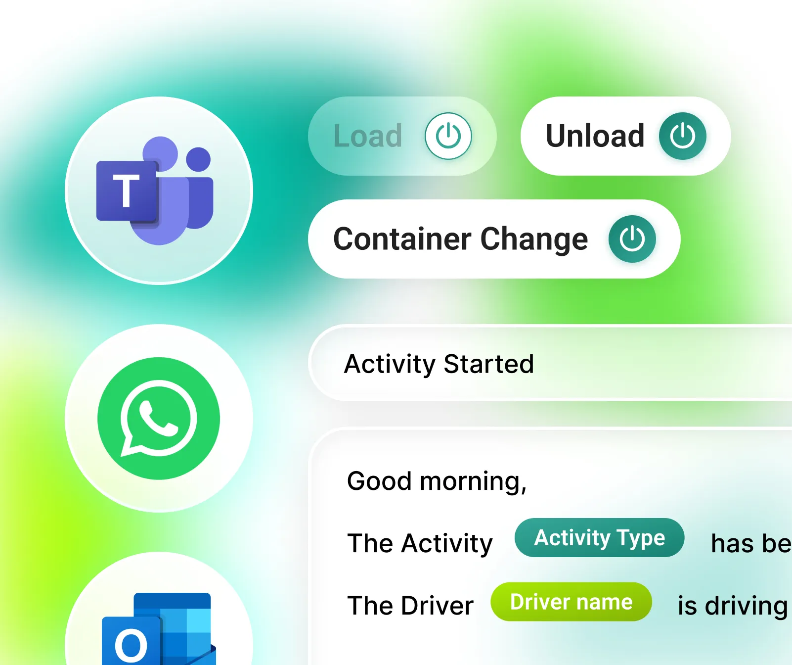 Egala by Boekestijn automation interface showing Teams integration with status buttons like Load, Unload, and Container Change. Illustrates how Egala automates driver updates via Teams and WhatsApp, sending instant notifications on jobs, routes, and deliveries for seamless communication.