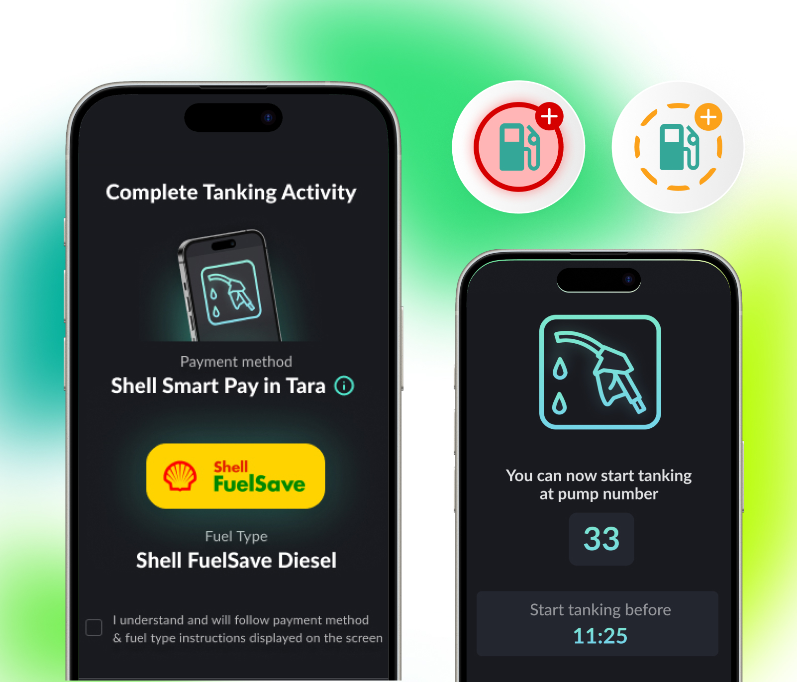 Two smartphone screens showing the Shell Smart Pay app interface with Shell FuelSave Diesel payment confirmation and pump activation instructions. Digital fueling concept by Egala by Boekestijn, highlighting smart transport, sustainable logistics, and connected fleet technology