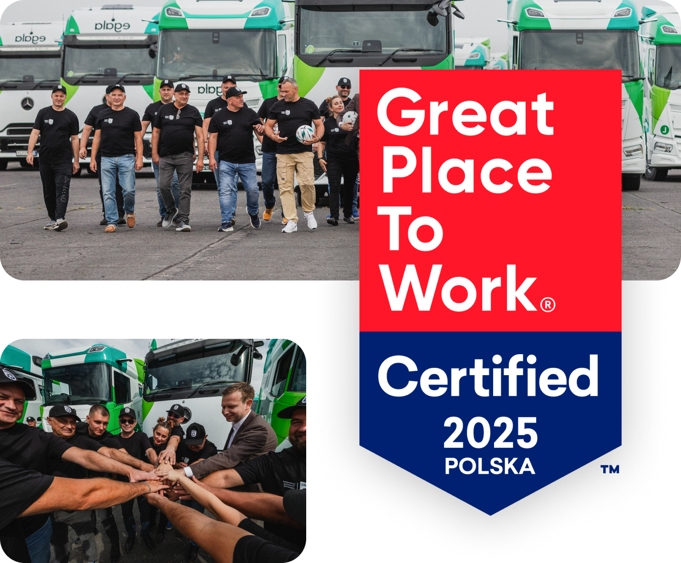 Egala by Boekestijn team celebrating Great Place To Work Certified 2025 Poland recognition, standing in front of green and white trucks and symbolizing teamwork, trust, and a positive