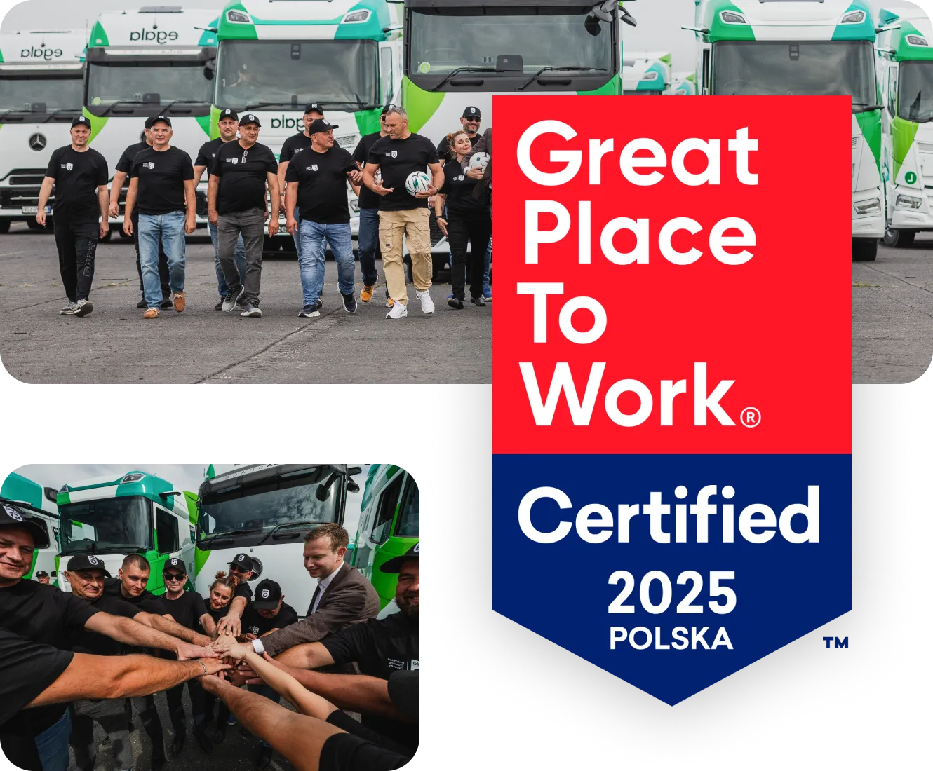 Egala by Boekestijn team celebrating Great Place To Work Certified 2025 Poland recognition, standing in front of green and white trucks and symbolizing teamwork, trust, and a positive