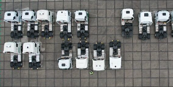 Aerial view of Egala by Boekestijn trucks parked in the Düsseldorf area, Germany — regional base for European trucking and sustainable fleet operations.