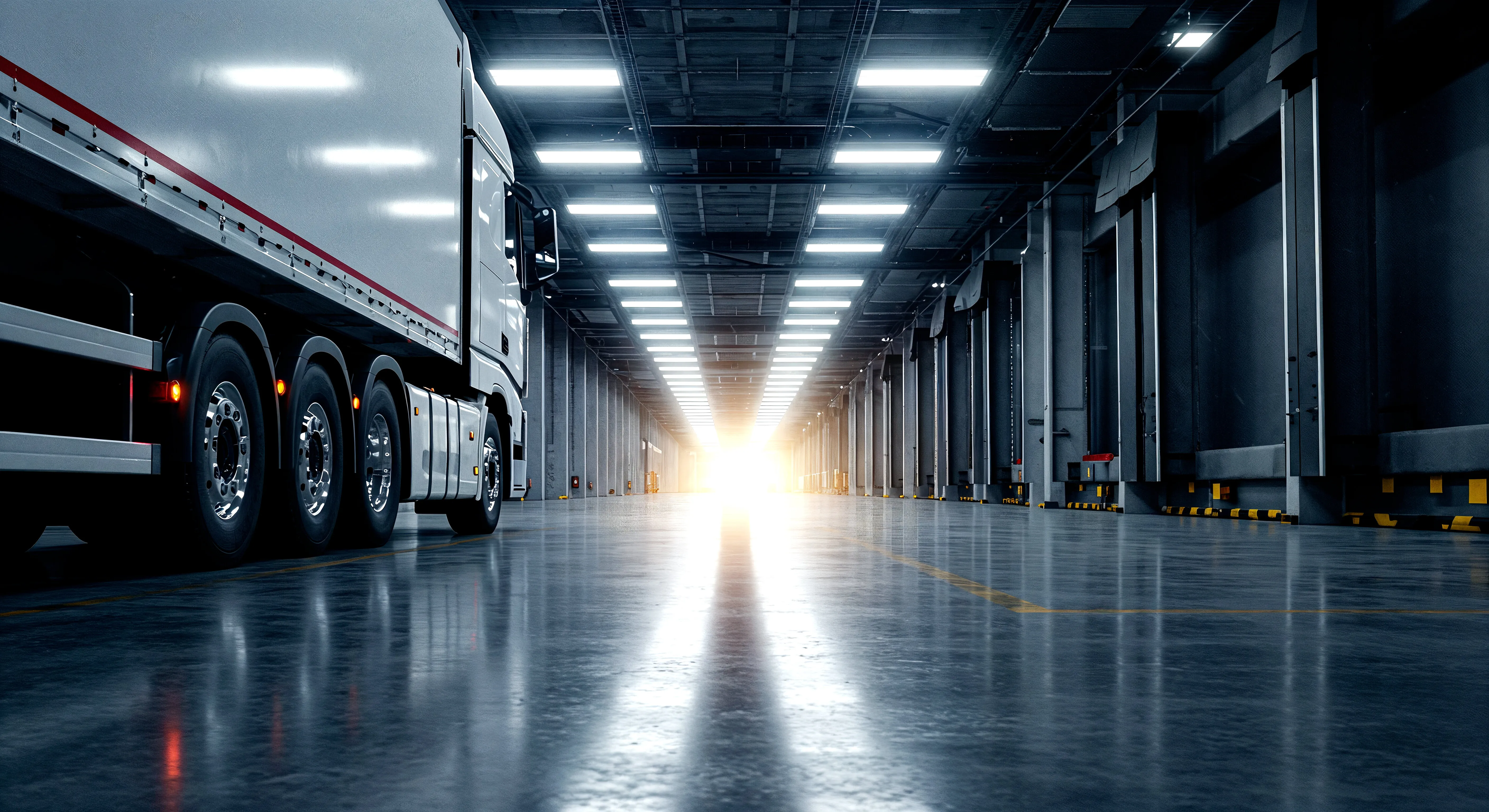 Modern Egala by Boekestijn logistics base with parked truck in illuminated warehouse, representing comfortable and well-equipped facilities for drivers.