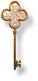 Ornate vintage brass key with a decorative clover-shaped bow and intricate cutouts.