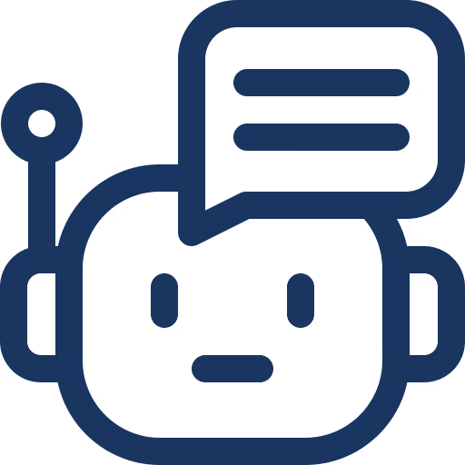 Icon of a robot face with a speech bubble containing two horizontal lines representing text.