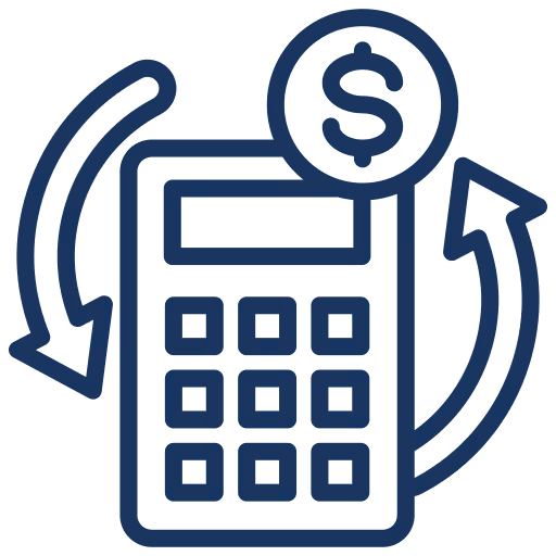 Icon of a calculator with a dollar sign and two curved arrows forming a circle around it, representing financial calculation or ROI.
