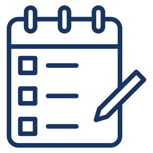 Icon of a checklist on a spiral-bound notepad with a pencil writing next to it.