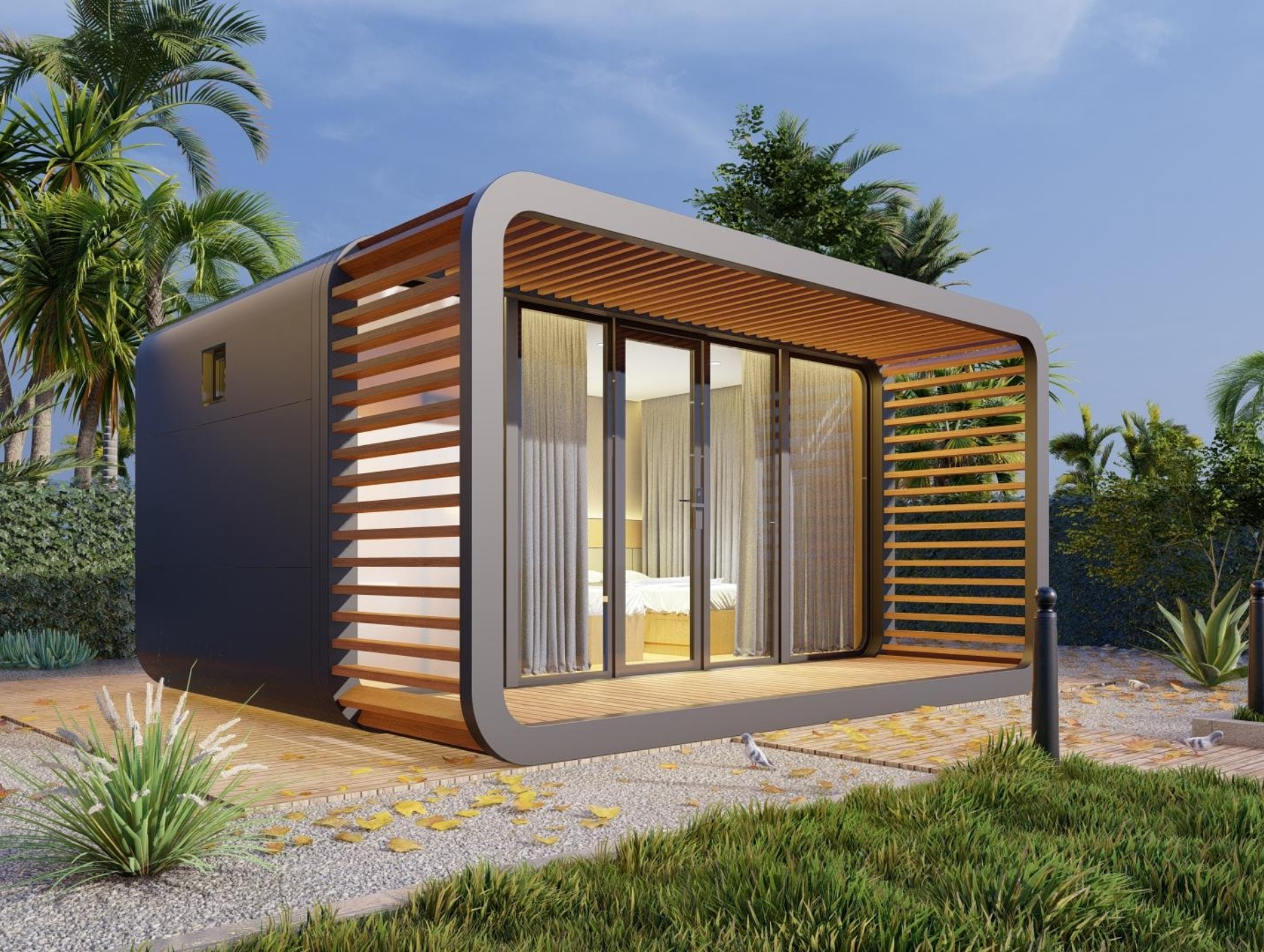 Modern tiny cabin with large glass sliding doors and wooden slat shading, set in a landscaped garden with palm trees and greenery.