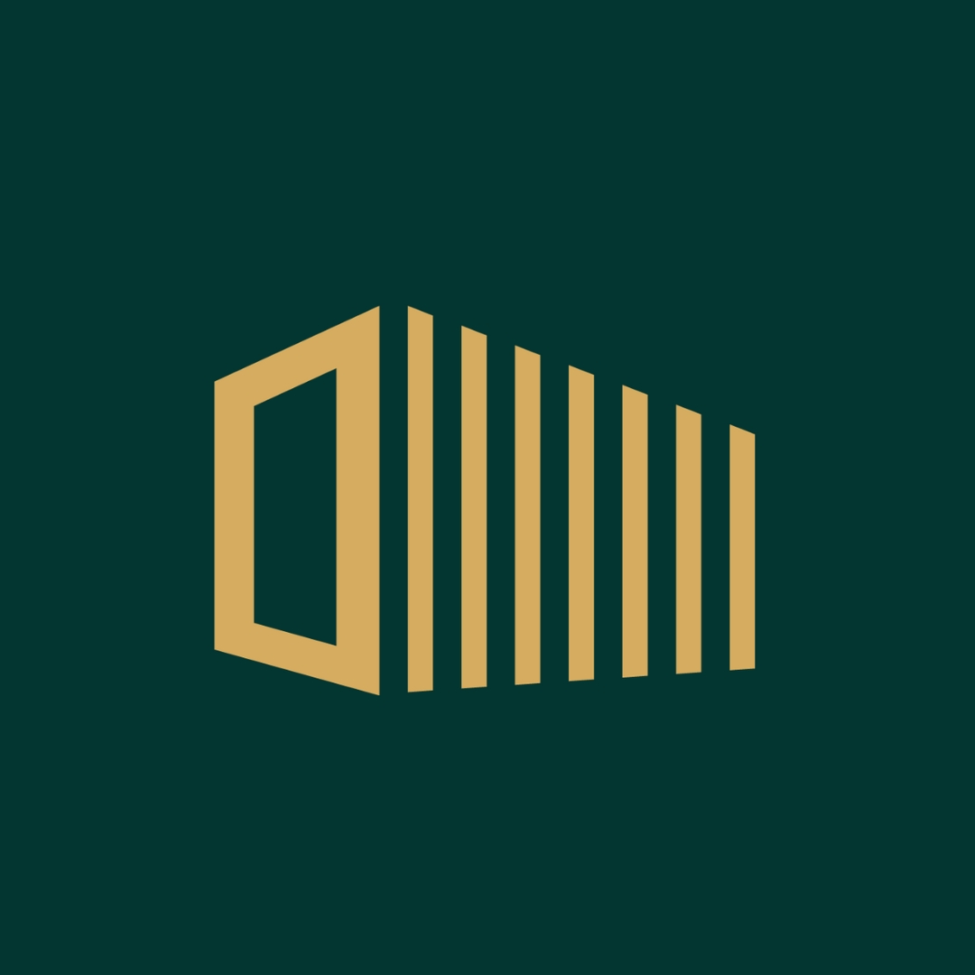 Abstract gold geometric logo resembling a three-dimensional open box or container with vertical slats on a dark green background.