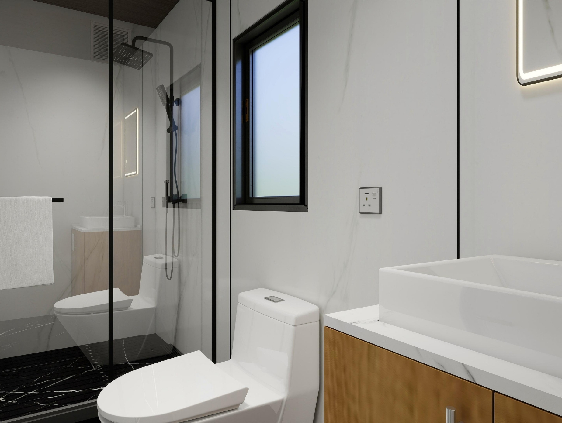 Modern bathroom with white toilet, wooden vanity with rectangular sink, glass-enclosed shower, and a window.
