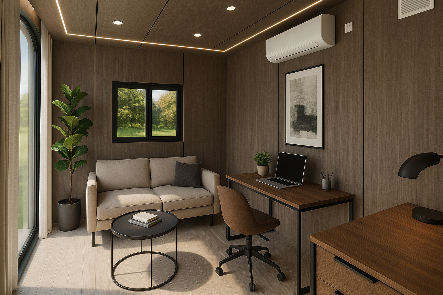 Modern home office with beige sofa, round black coffee table, wooden desk with laptop and plant, and large window with view of green trees.