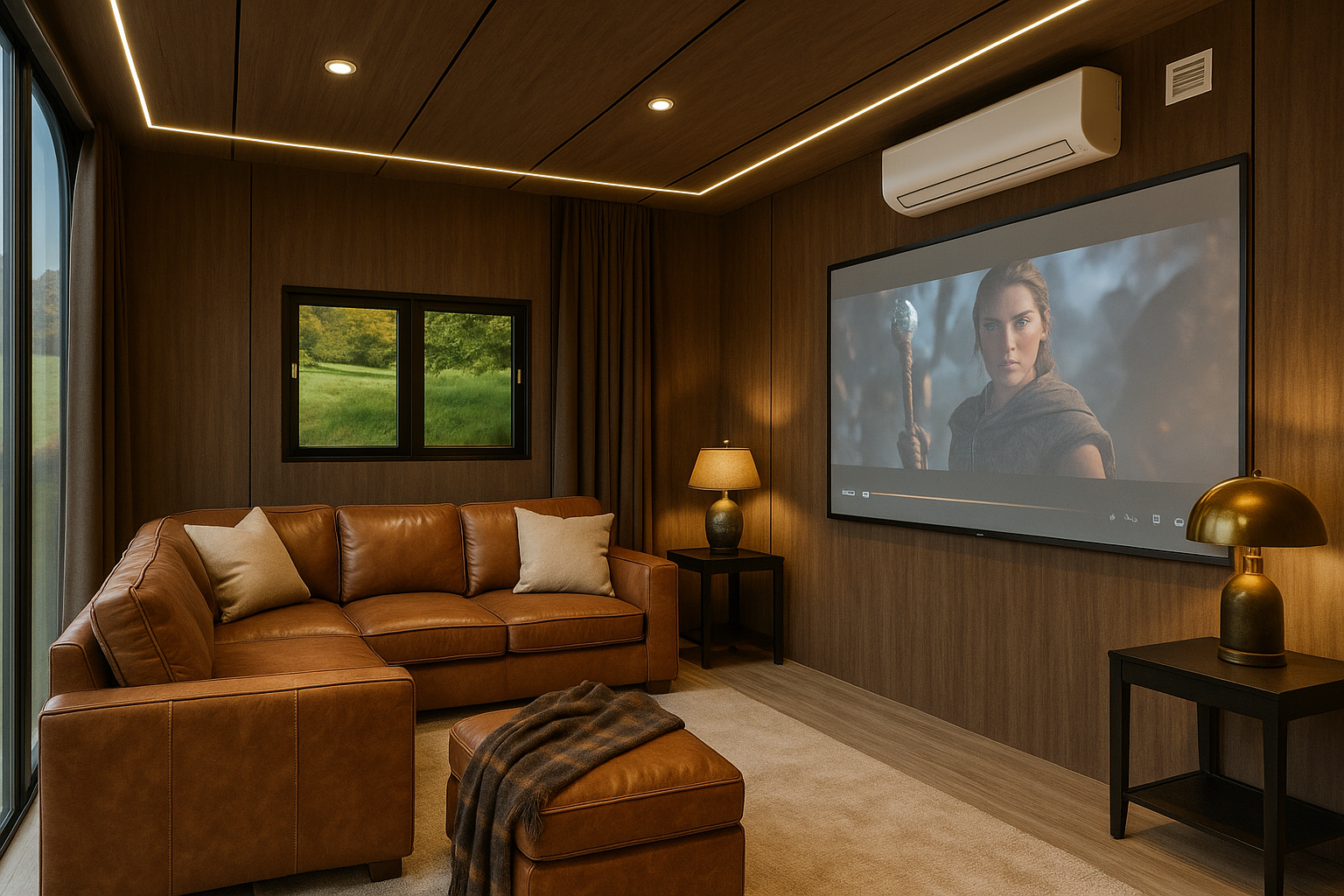 Cozy modern living room with brown leather sectional sofa and ottoman, two side tables with lamps, a wall-mounted screen showing a fantasy movie scene, and an air conditioner above.