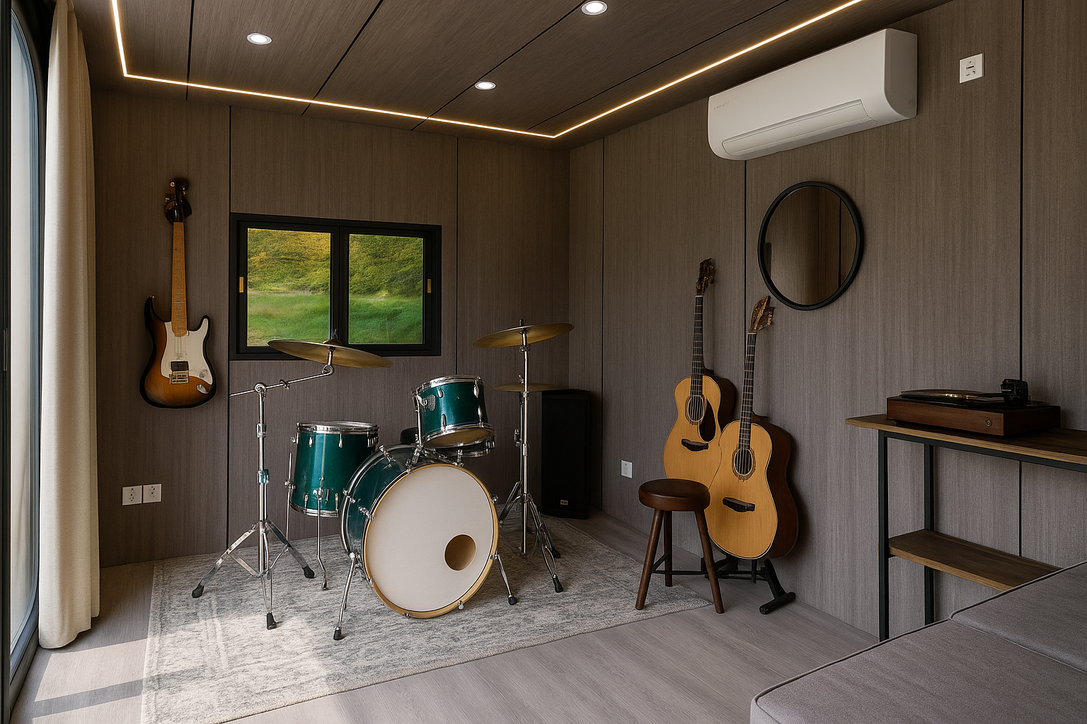 Modern music room with a green drum set on a gray rug, two acoustic guitars beside a stool, electric guitar hanging on the wall, and a turntable on a wooden table.