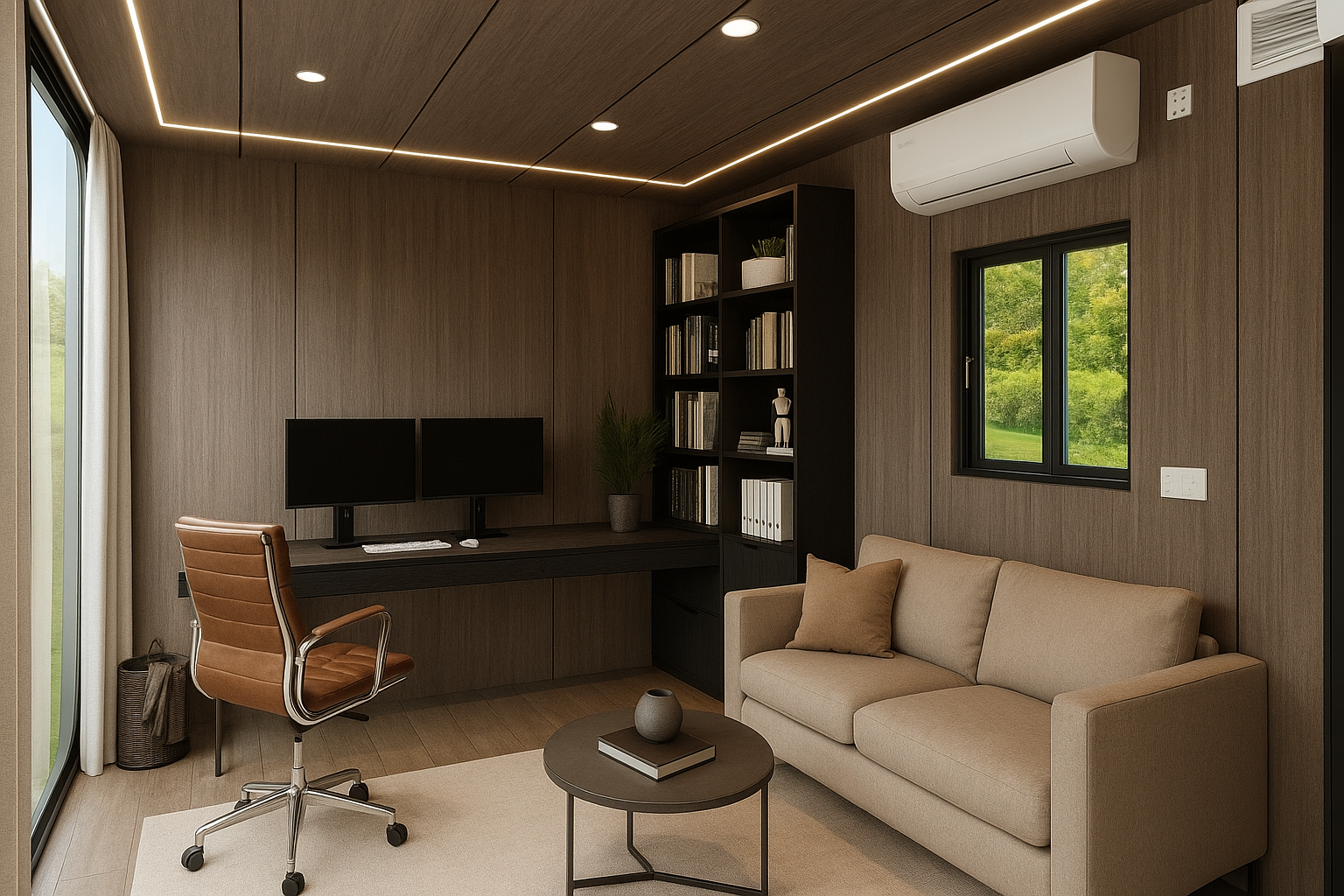 Modern home office with wood-paneled walls, dual monitors on a floating desk, a brown leather swivel chair, a beige sofa with a pillow, a round coffee table with a book and vase, and a window showing green outdoor scenery.
