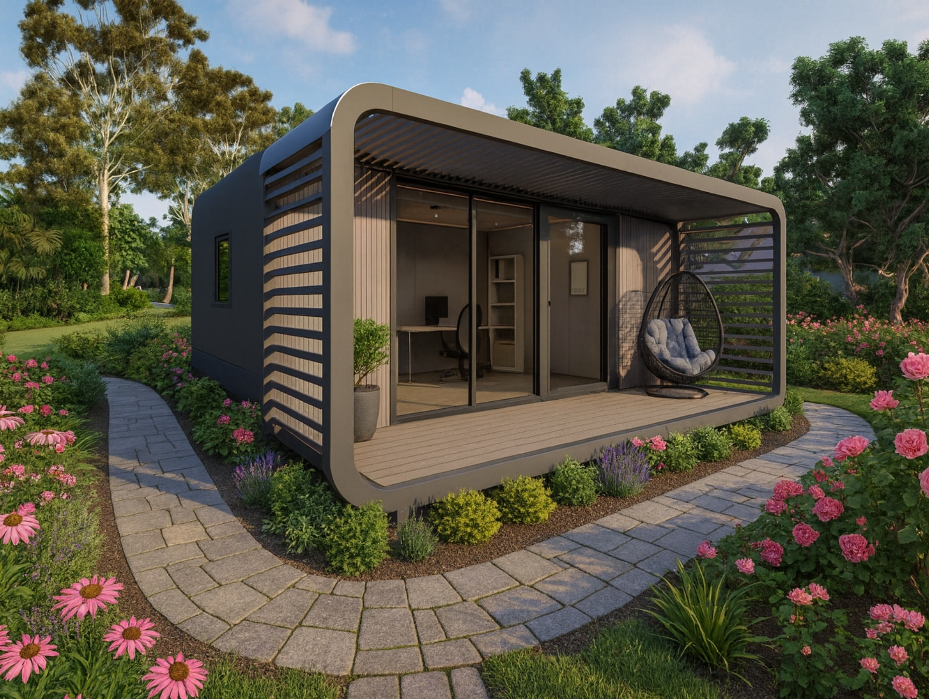 Modern garden room with large glass sliding doors, a cushioned hanging chair on the porch, surrounded by a stone path and colorful flower beds.