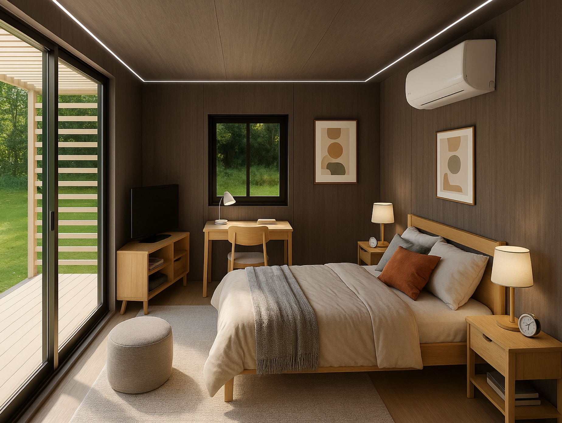 Cozy bedroom with wooden furniture, beige bedding, two nightstands with lamps and clocks, a desk with a chair and lamp, TV on a wooden stand, and a large sliding glass door opening to a green garden.