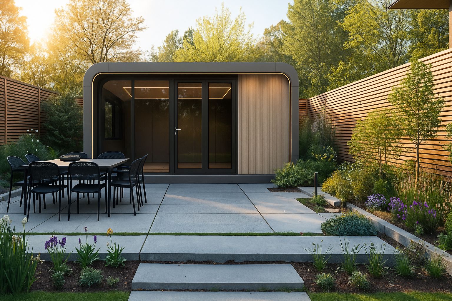 Modern garden room with large glass doors, black outdoor dining table with six chairs, surrounded by plants and wooden fencing at sunset.