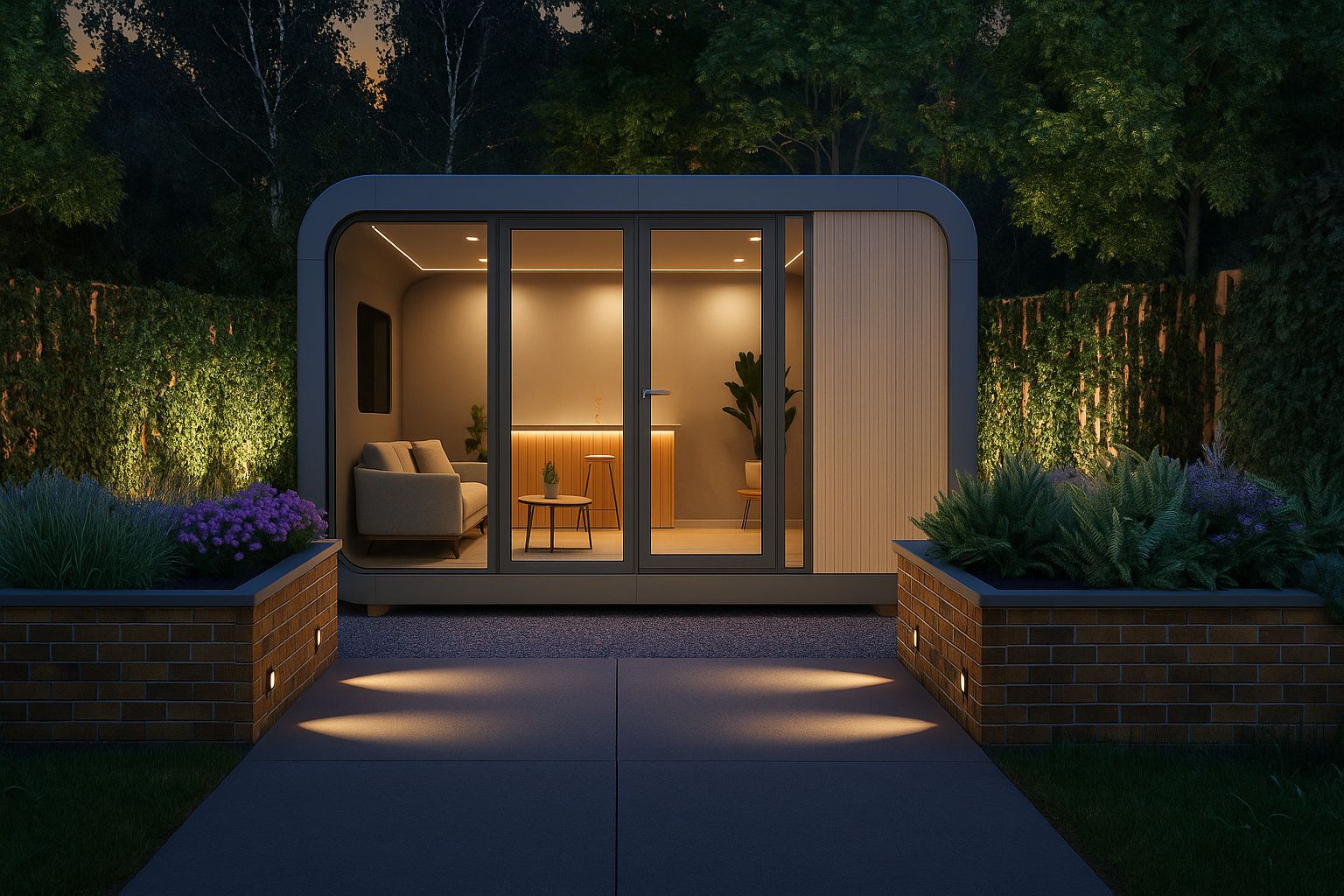 Modern small garden room at night with glass doors, warm interior lighting, gray sofa, small table, and plants.