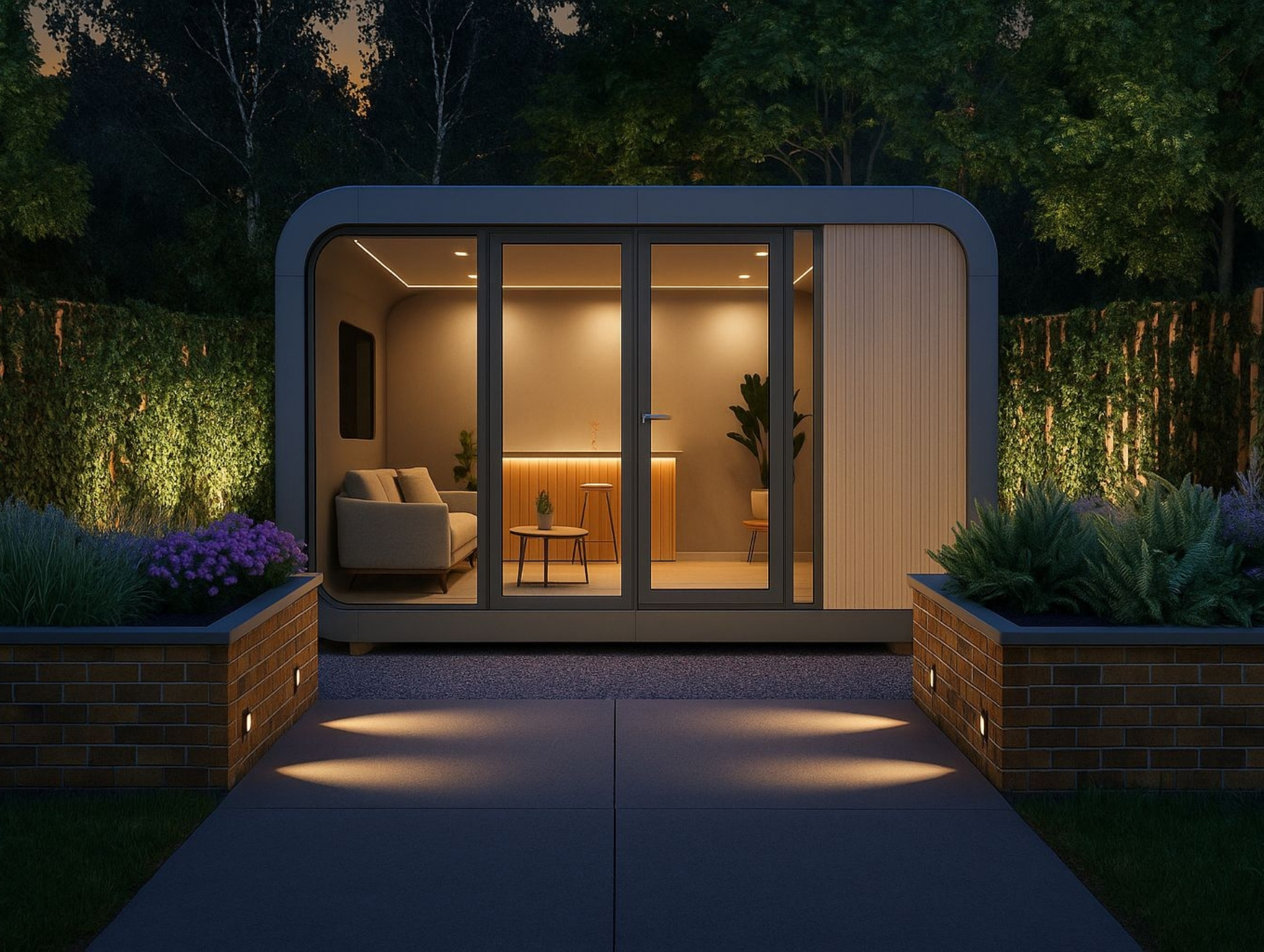 Modern garden room with glass doors illuminated at night, showing a sofa, plants, and a small table inside.