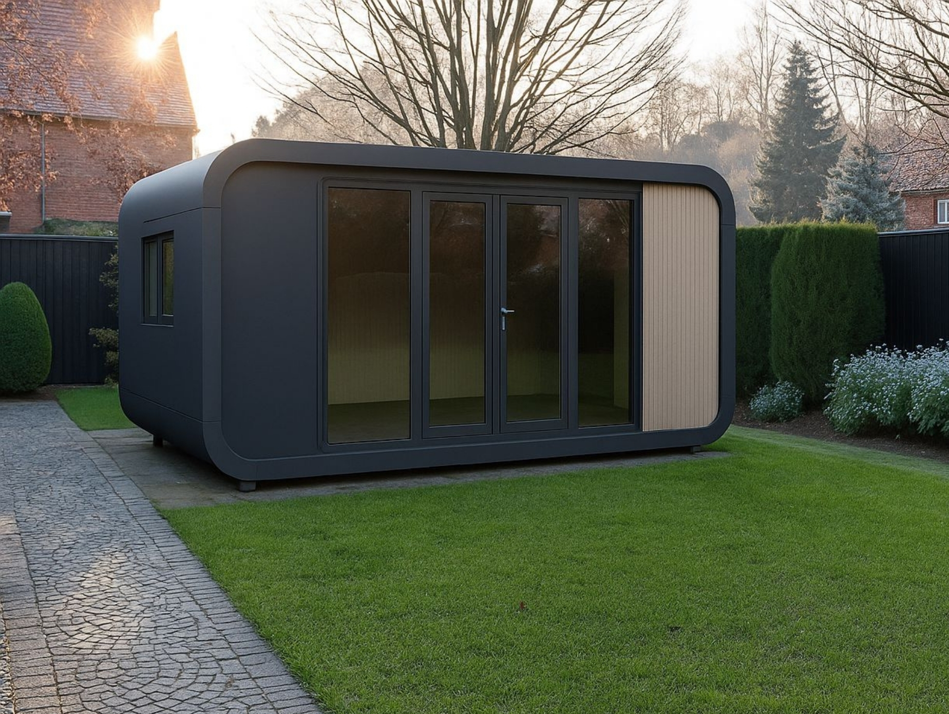 Modern dark gray garden room with large glass doors and wooden panel detail, set on a green lawn with surrounding hedges and trees.