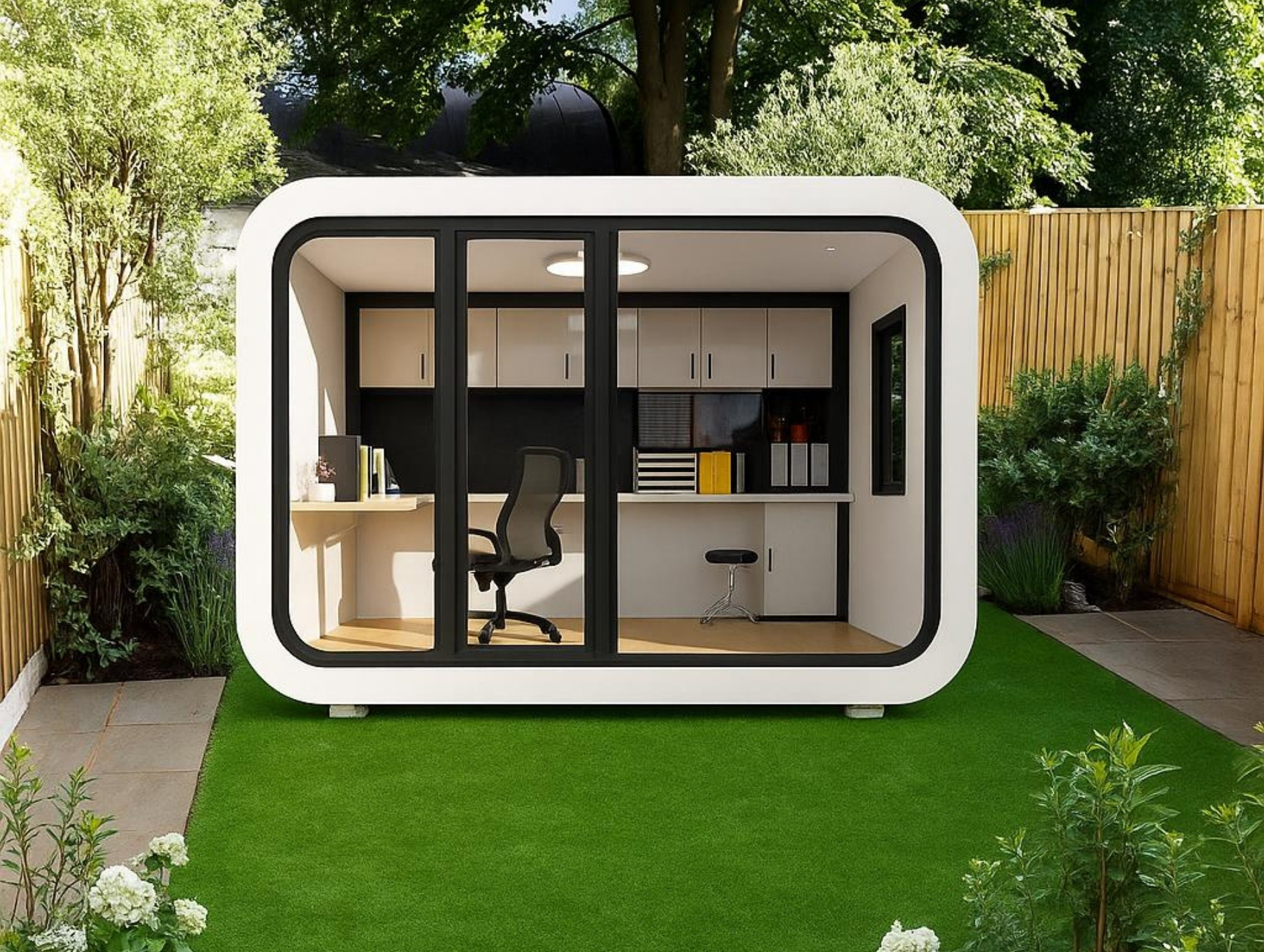Modern white garden office pod with large glass windows, a desk, chair, cabinets, and green lawn surrounding it.