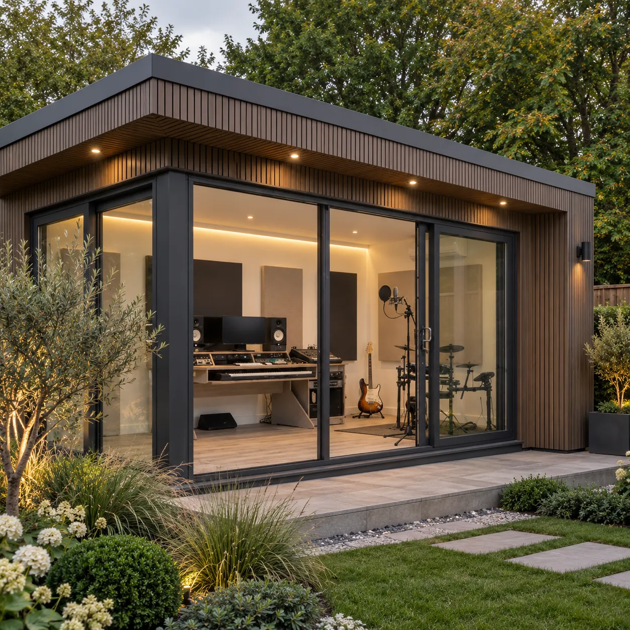 Garden music studio with recording desk, guitar and drum kit behind wide glass doors