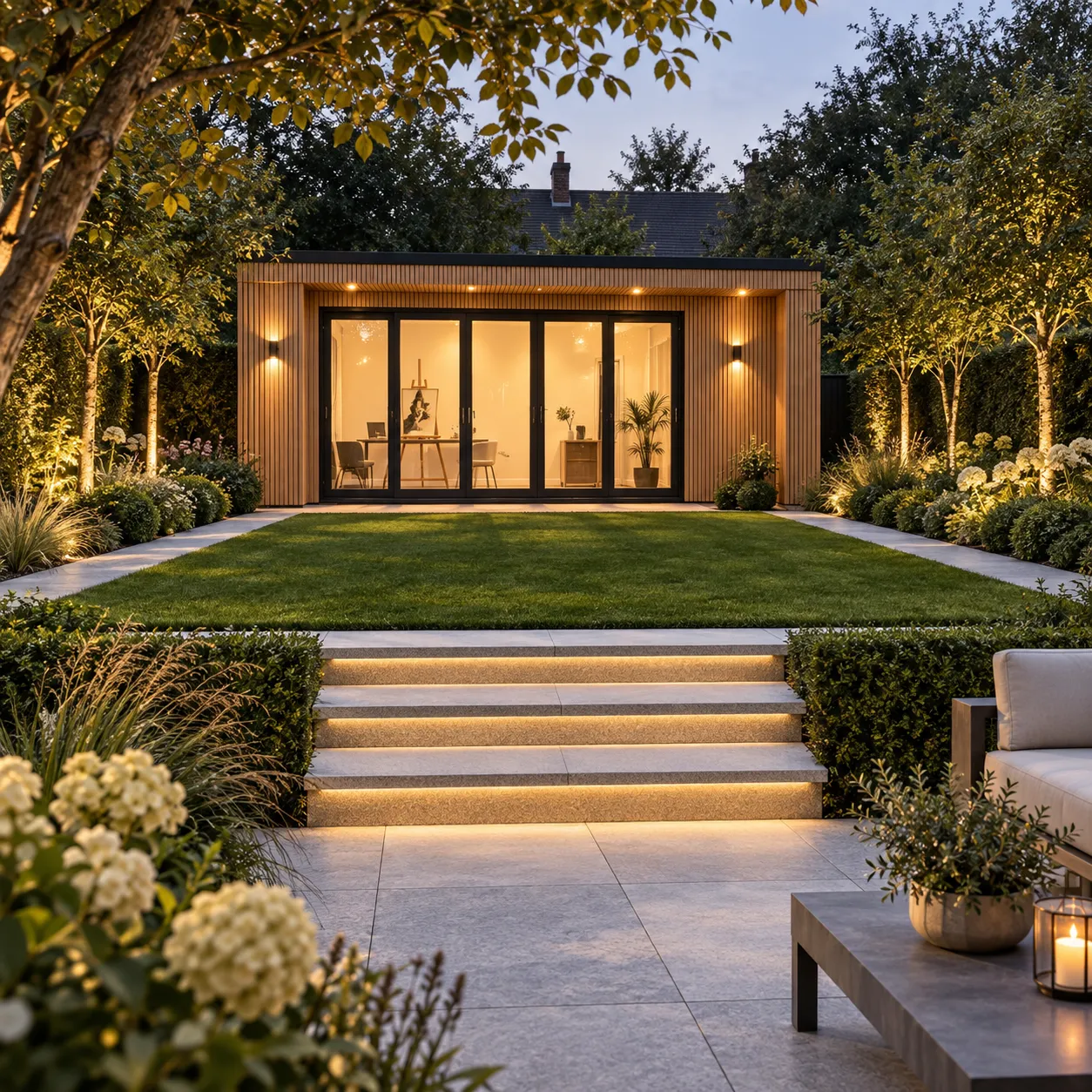 Bespoke timber-clad garden room lit at dusk