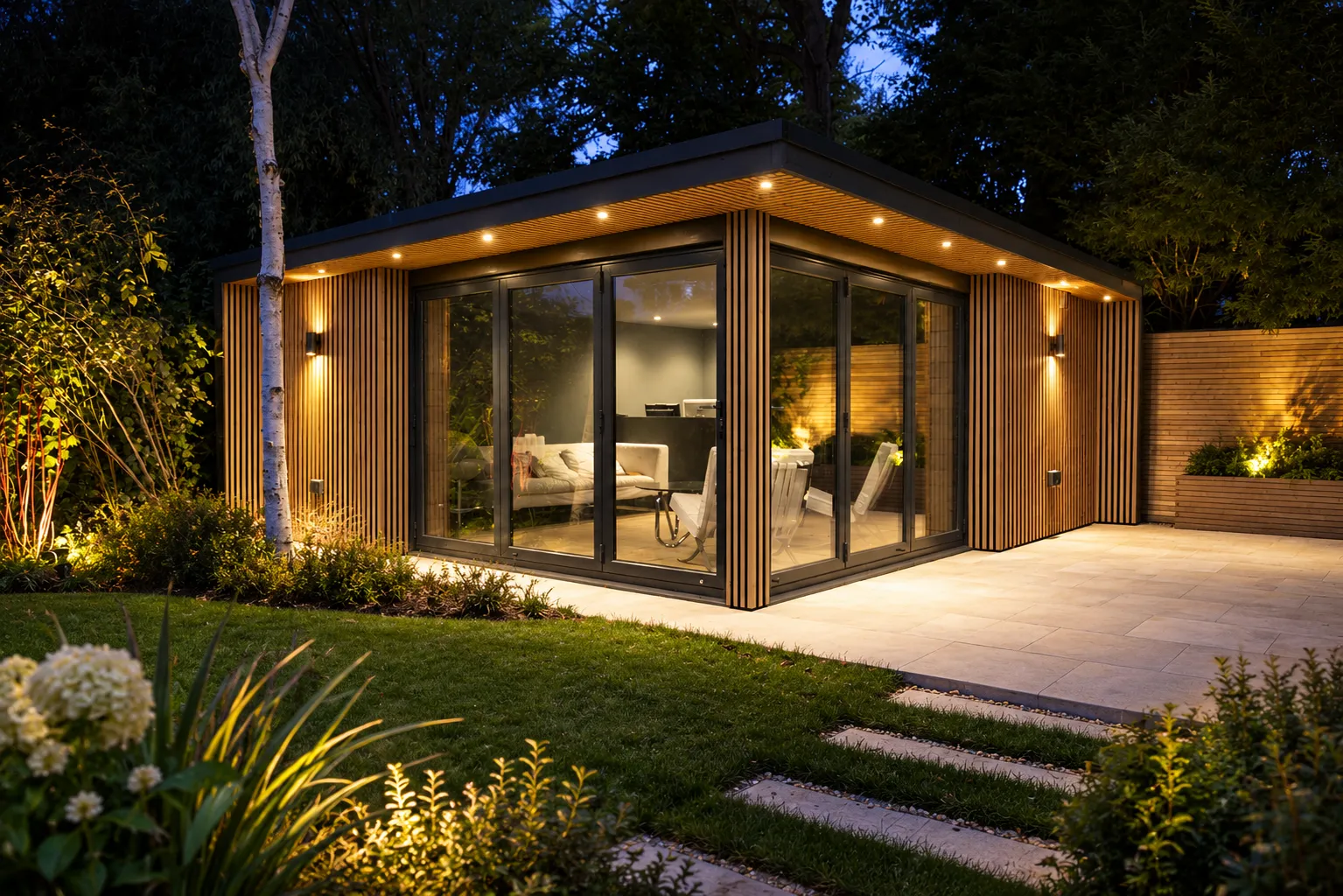 Corner-glazed garden room lit at night with lounge seating inside