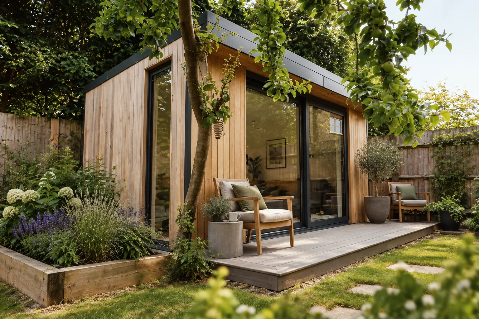 Birch plywood interior of a bespoke garden room with fitted kitchenette and joinery