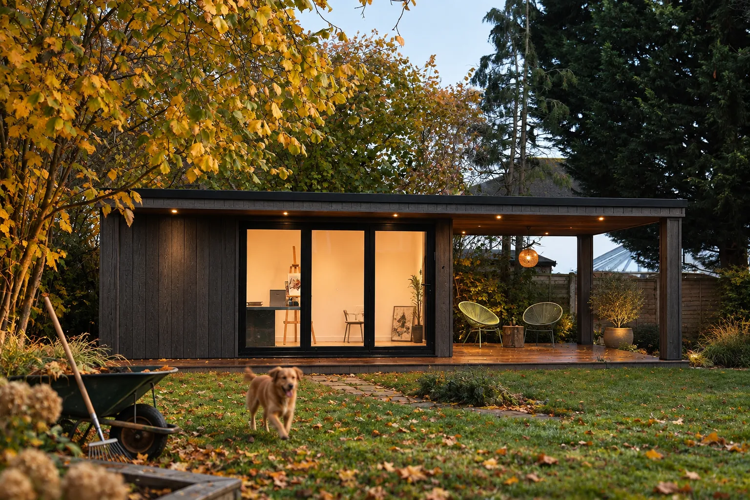 Dark-clad bespoke garden studio with covered terrace in an autumn garden