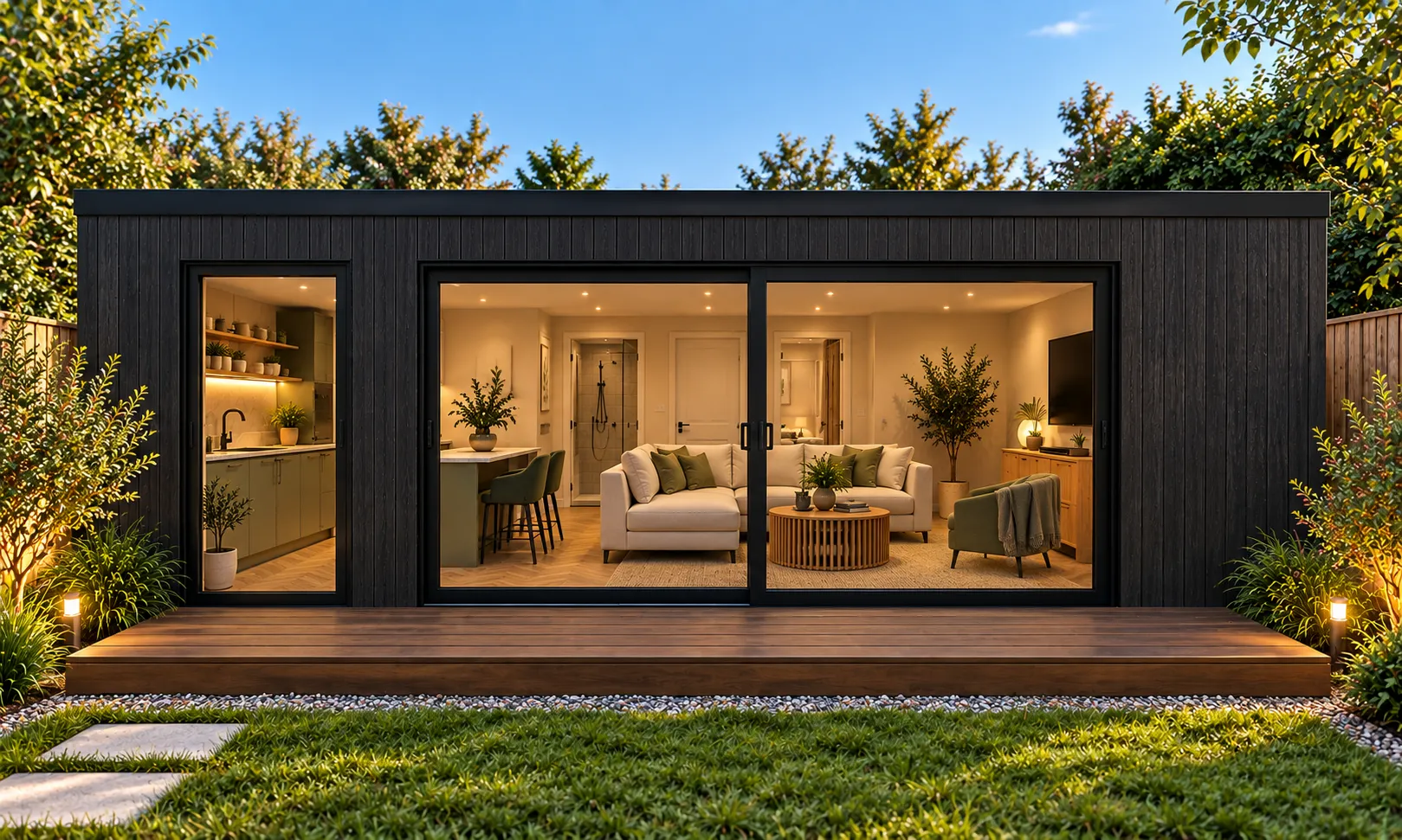 Bespoke Range 45m2 garden room front view with kitchenette and lounge
