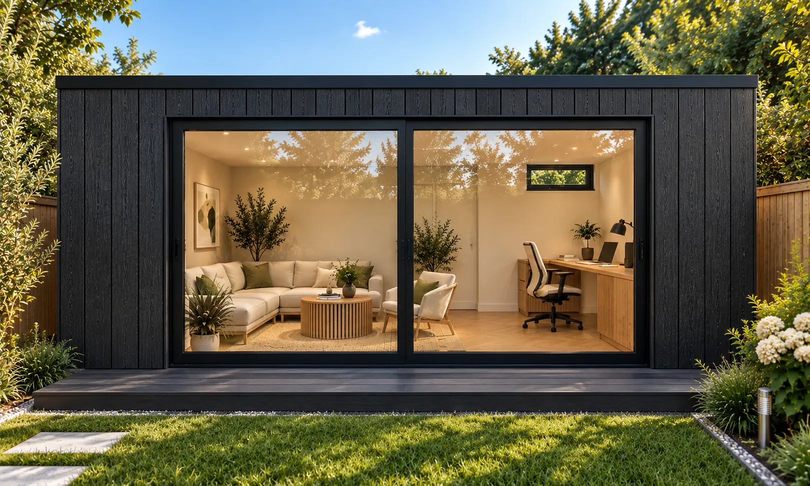 Bespoke Range 15m2 garden room front view with sliding doors, lounge and home office