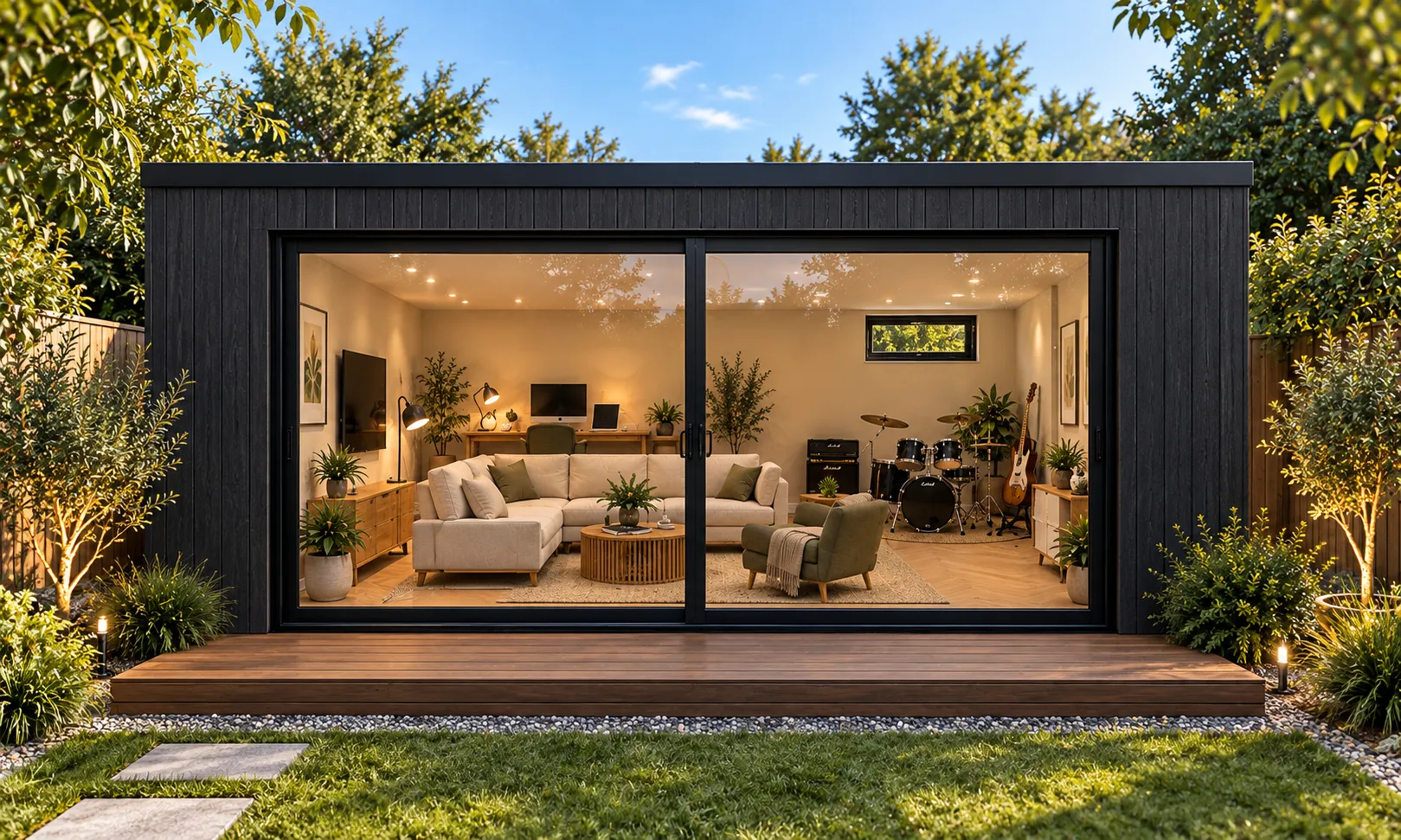 Bespoke Range 25m2 garden room front view with lounge and music area