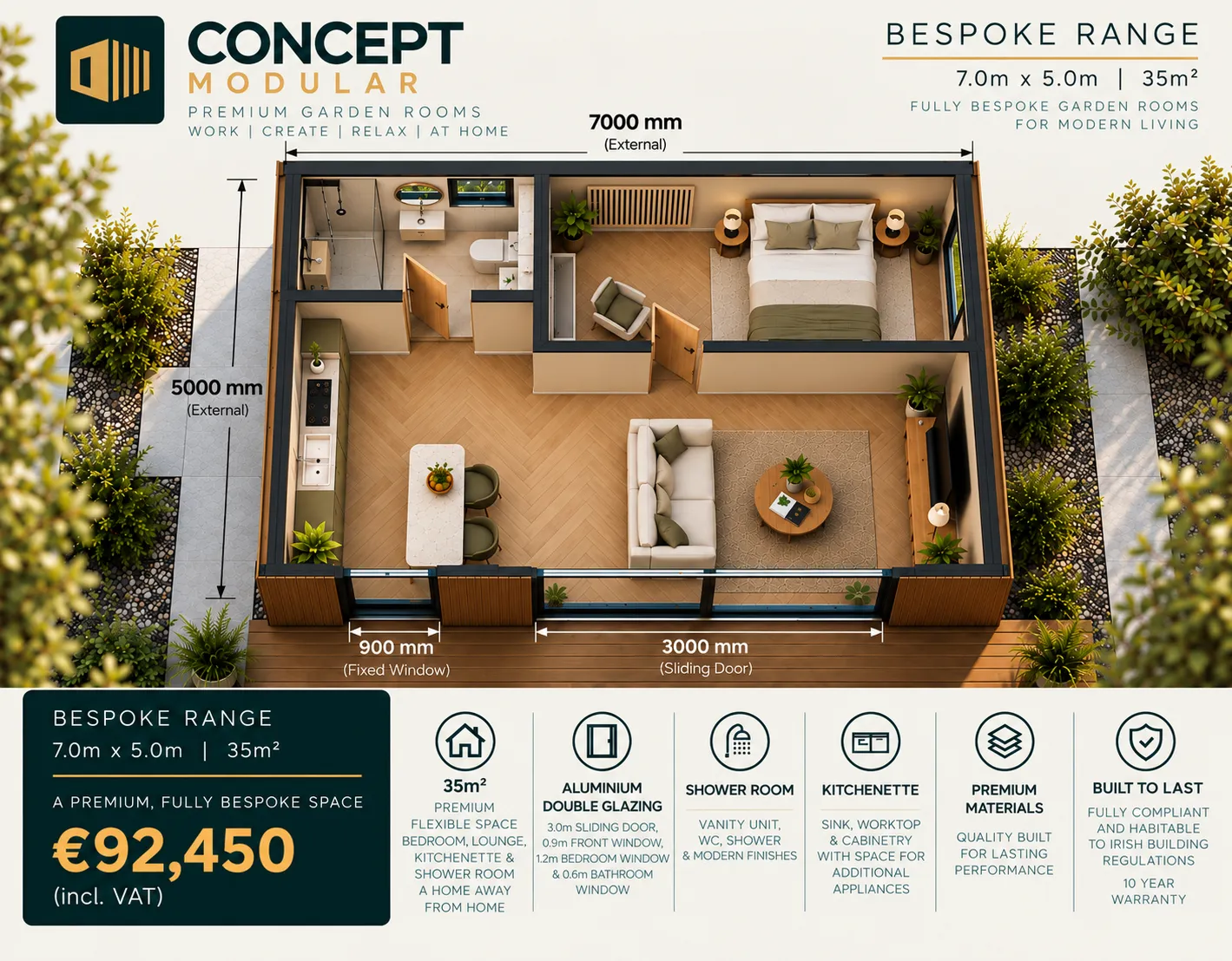 Bespoke Range 7.0m x 5.0m, 35m2 garden room floor plan with bedroom, lounge, kitchenette and shower room